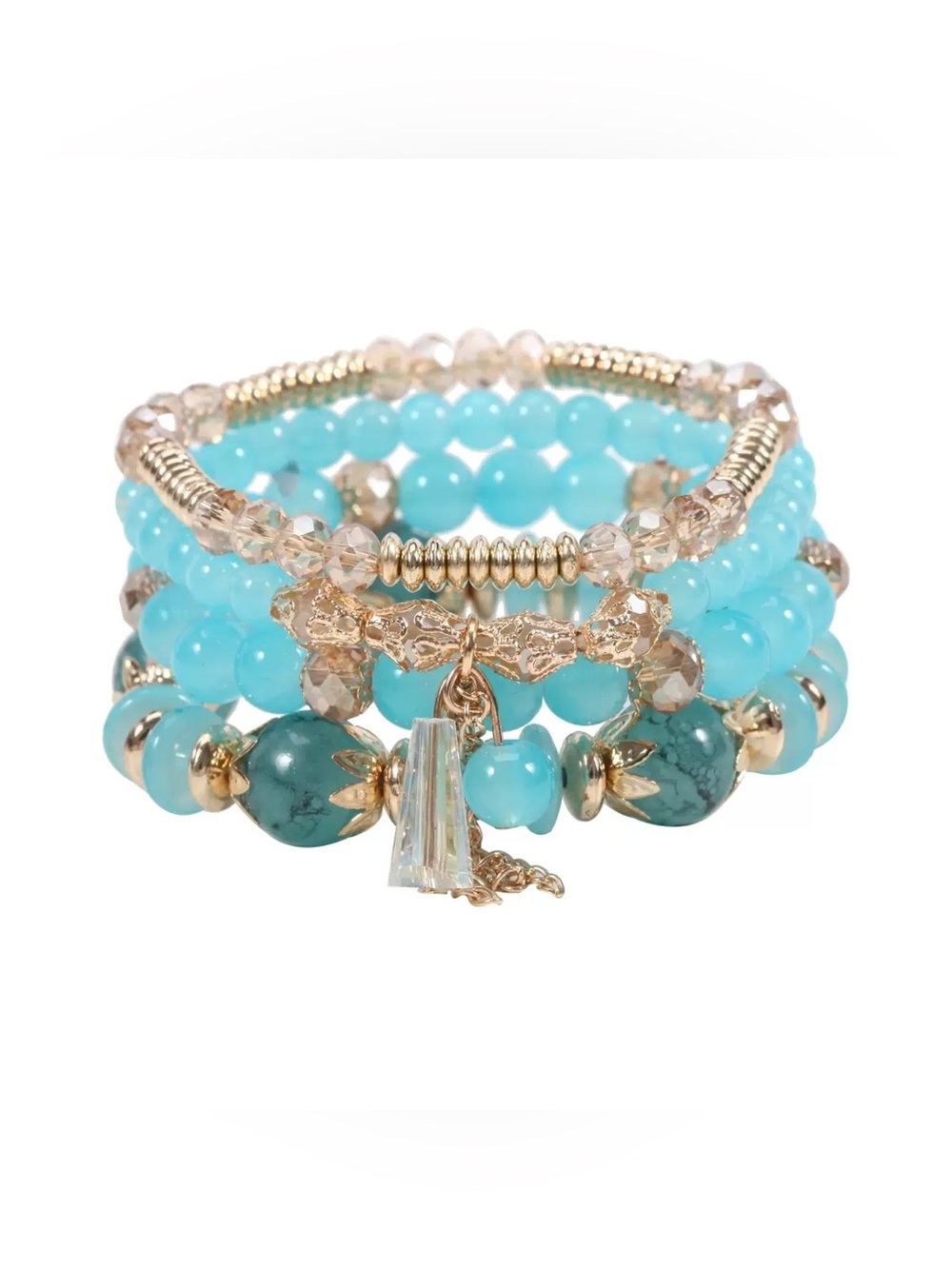 Blue and gold beaded bracelet set with turquoise and light blue beads #beaded